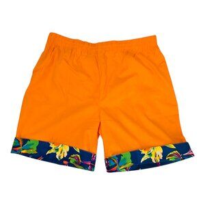 No Name Swim/Surfer Trunks Orange Blue tropical trim Large 100% Cotton